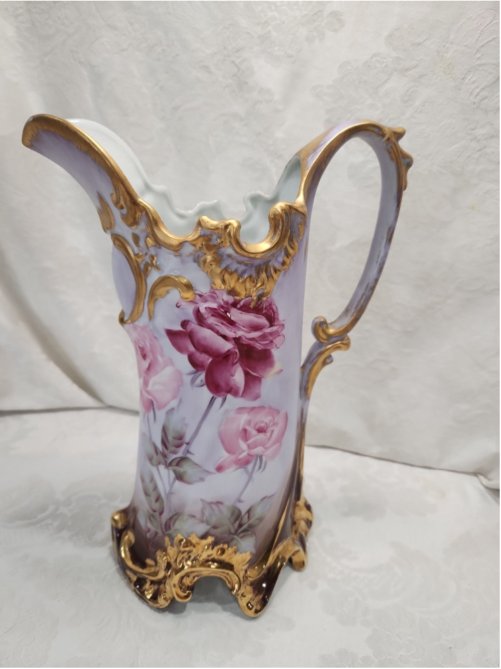 Hand Painted Nippon 12" Tankard Pitcher Lavender Body,Pink Roses, Gold Trim